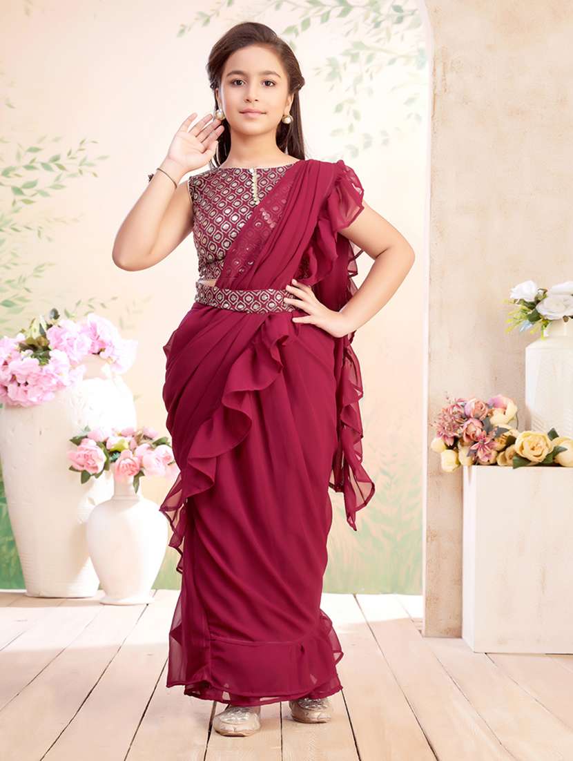 girls solid ruffled ready to wear fusion drape - 22026416 -  Zoom Image - 0