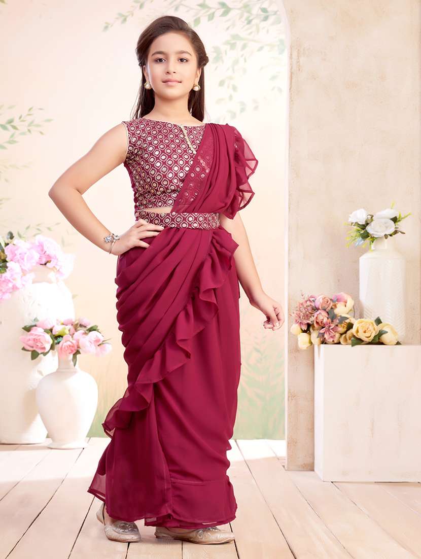 girls solid ruffled ready to wear fusion drape - 22026416 - Standard Image - 2