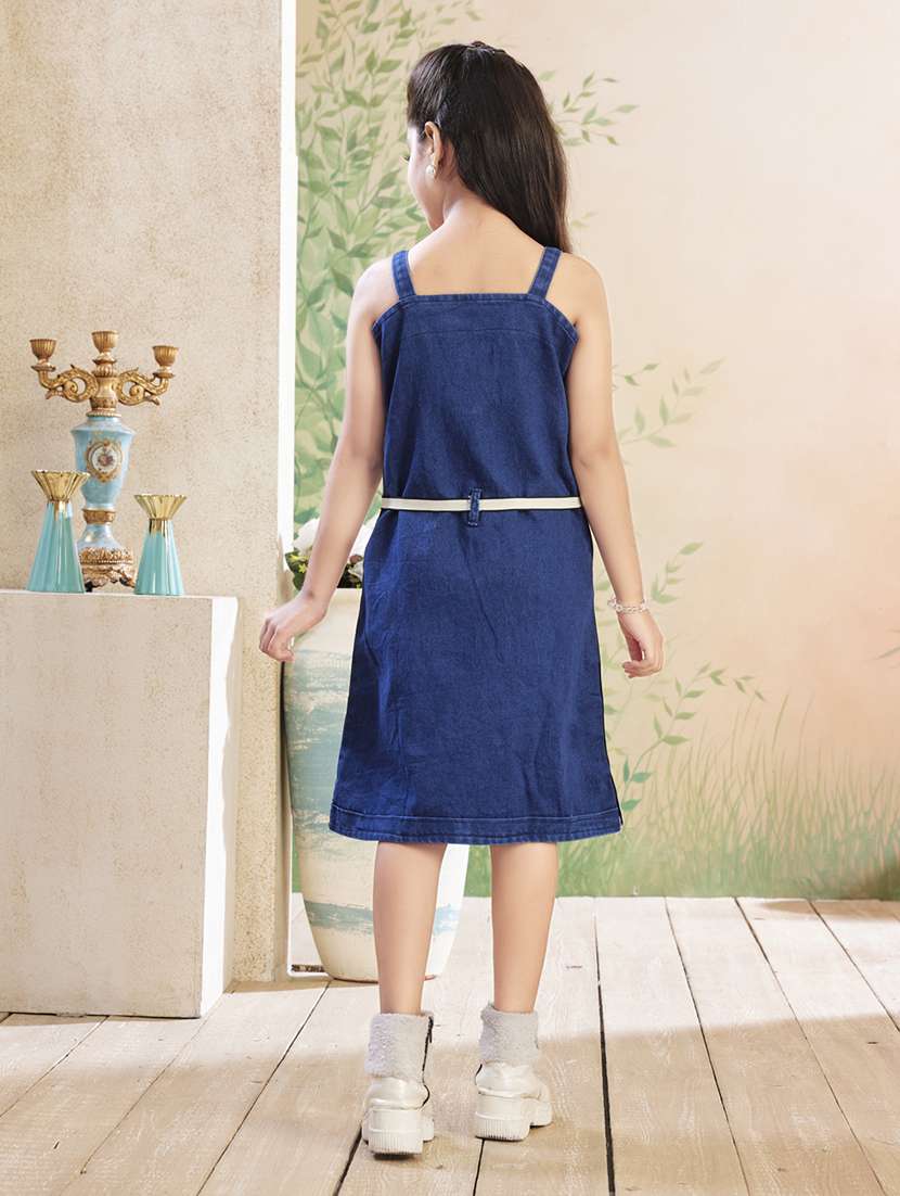 girls solid shoulder strap denim straight dress - 22026425 -  Standard Image - 2