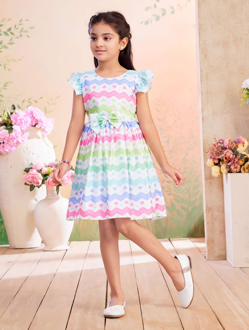 girls printed ruffled sleeve fit & flare dress