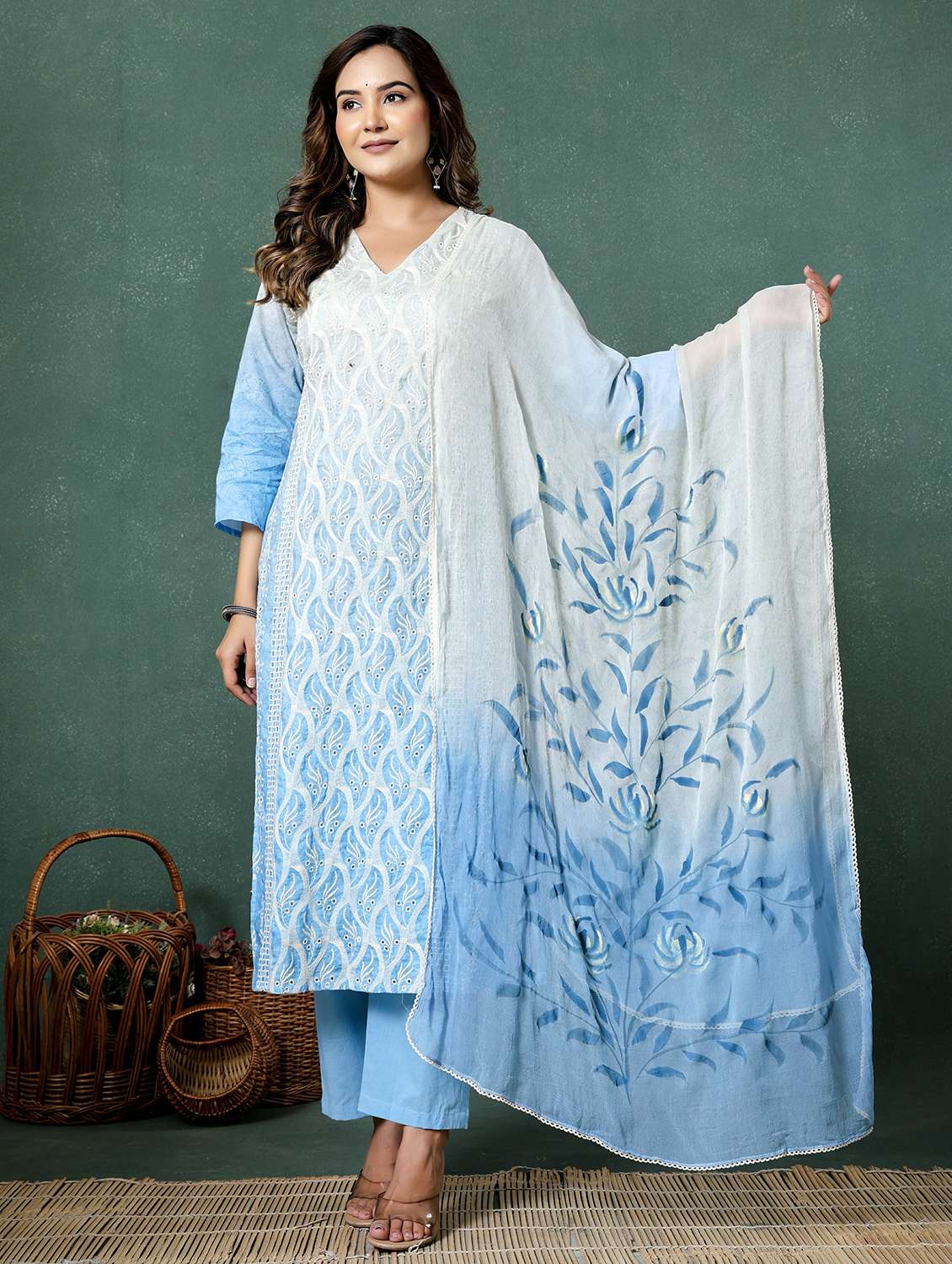 women ombre three quarter sleeve kurta pant with dupatta set