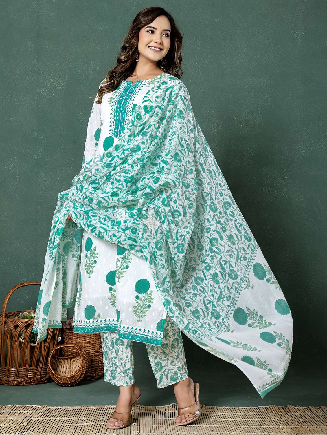 women floral printed three quarter sleeve kurta pant with dupatta set - 22026552 -  Standard Image - 2