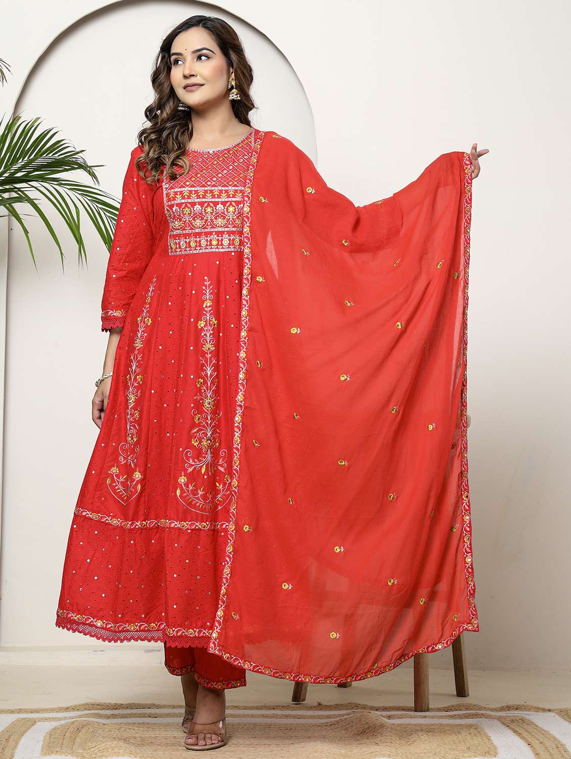 women embroidered three quarter sleeve kurta pant with dupatta set