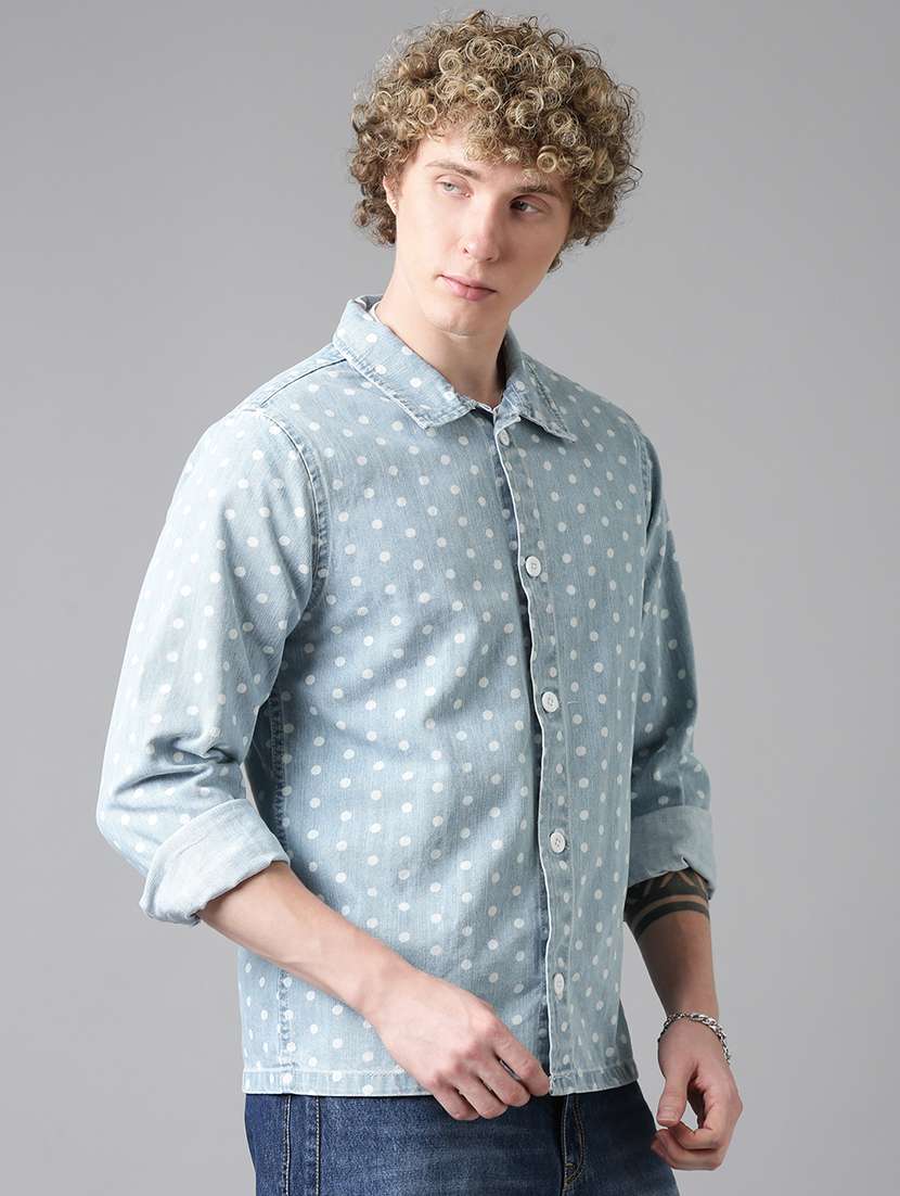 men polka dot long sleeve denim shacket - 22026598 -  Standard Image - 2