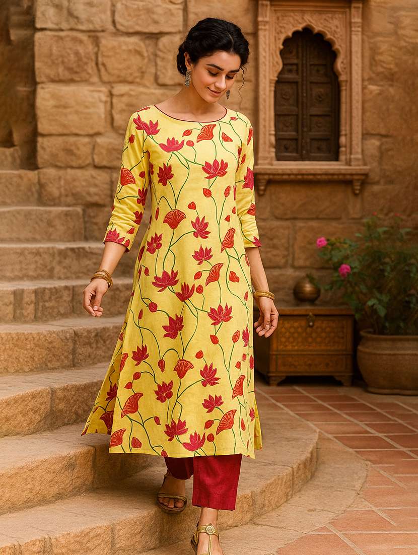 Women Floral Print Three Quarter Sleeve Straight Kurta - 22026628 -  Standard Image - 2