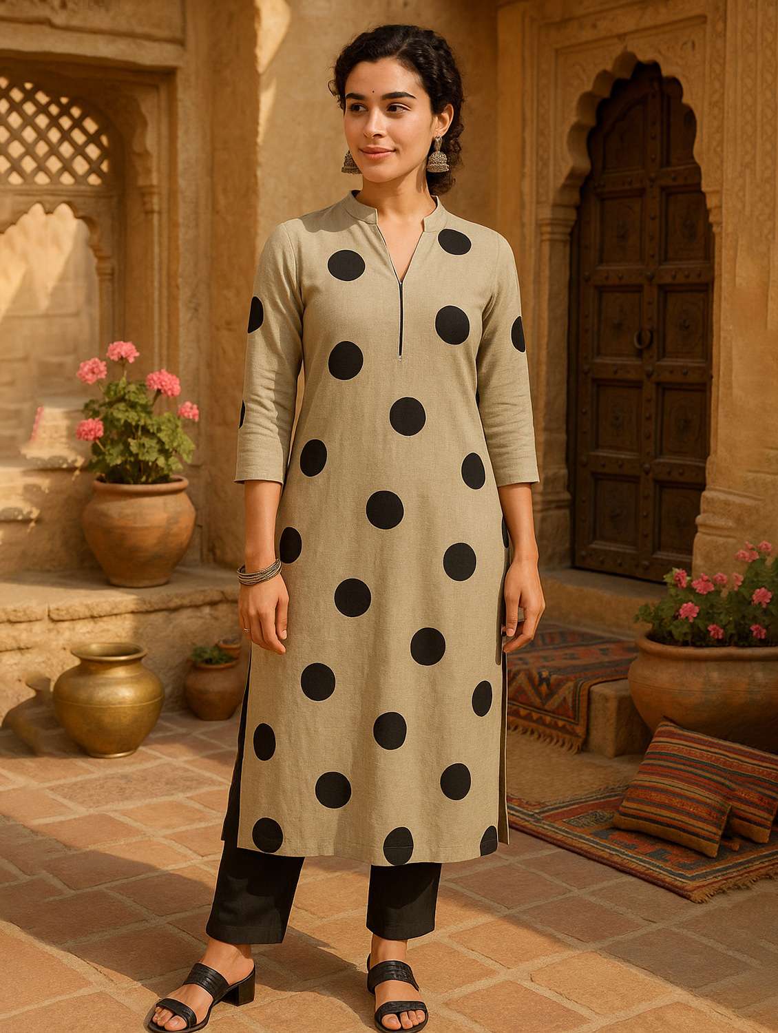 women polka doted three quarter sleeve straight kurta