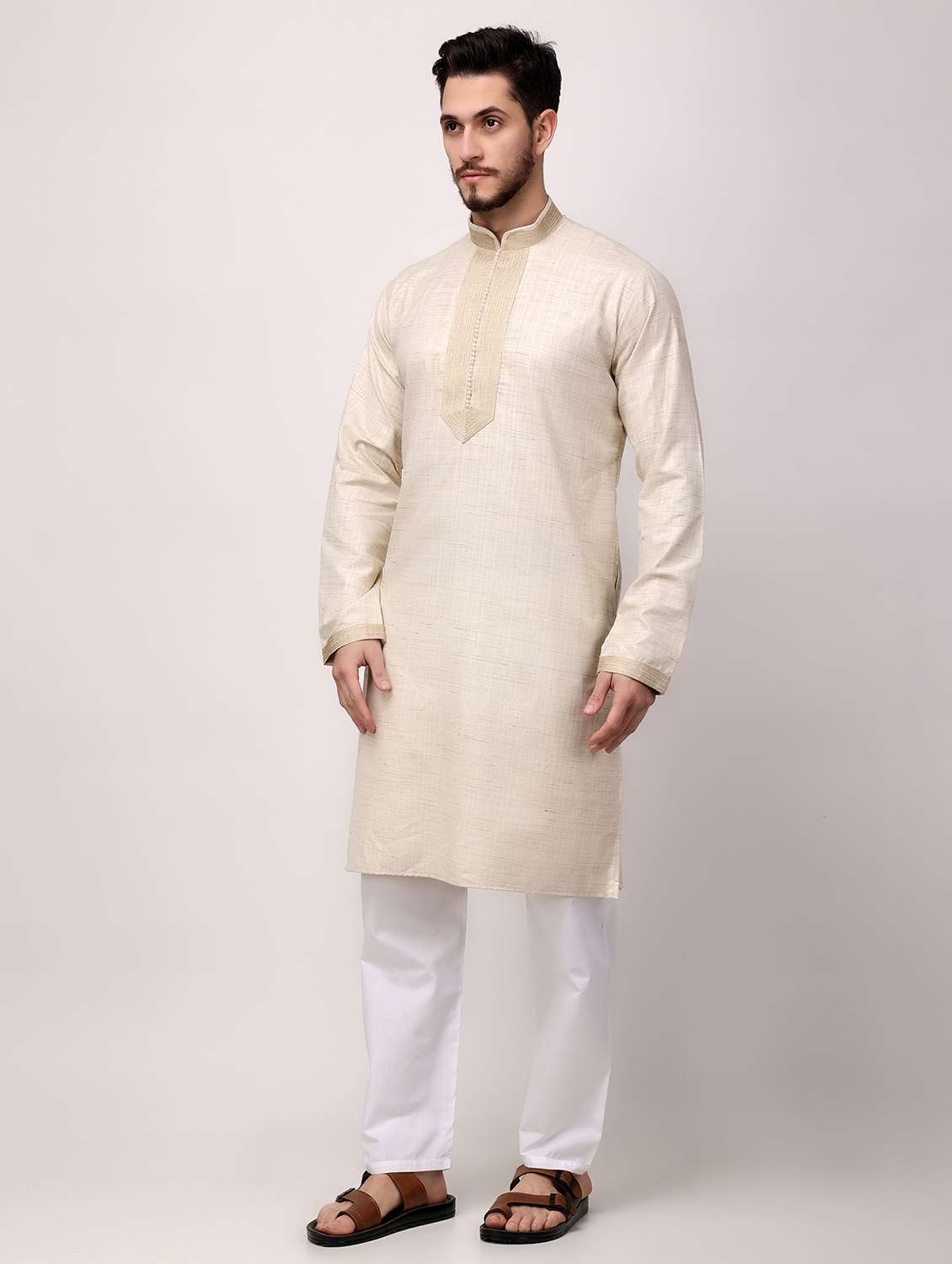 men mandarin neck kurta pyjama ethnic wear set - 22026657 - Standard Image - 2