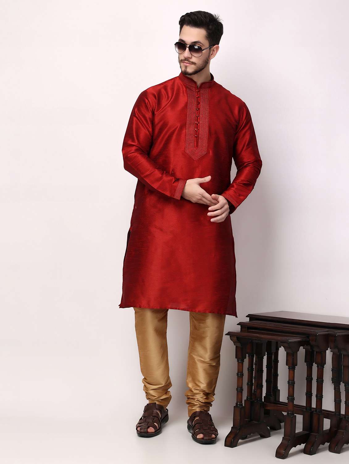 men mandarin neck kurta pyjama ethnic wear set