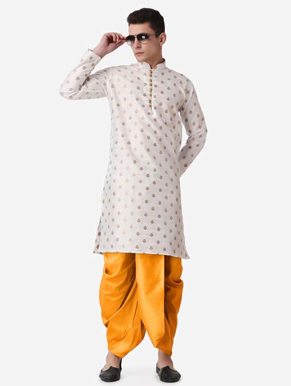 men self design mandarin neck dhoti kurta ethnic wear set