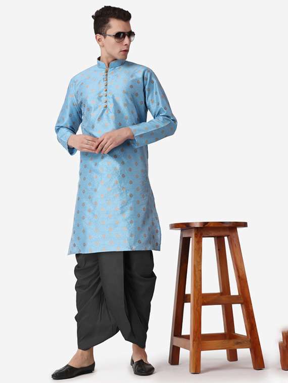 men self design mandarin neck dhoti kurta ethnic wear set