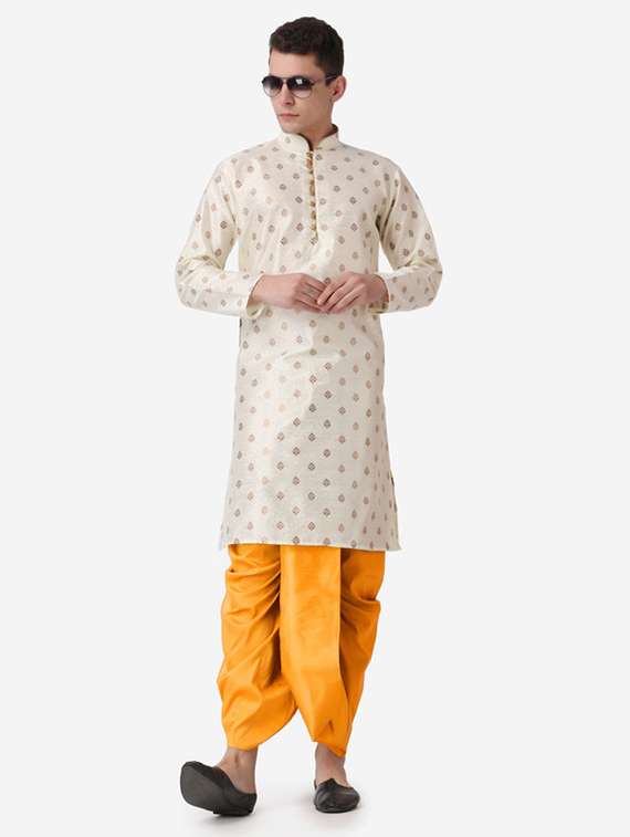 men self design mandarin neck dhoti kurta ethnic wear set