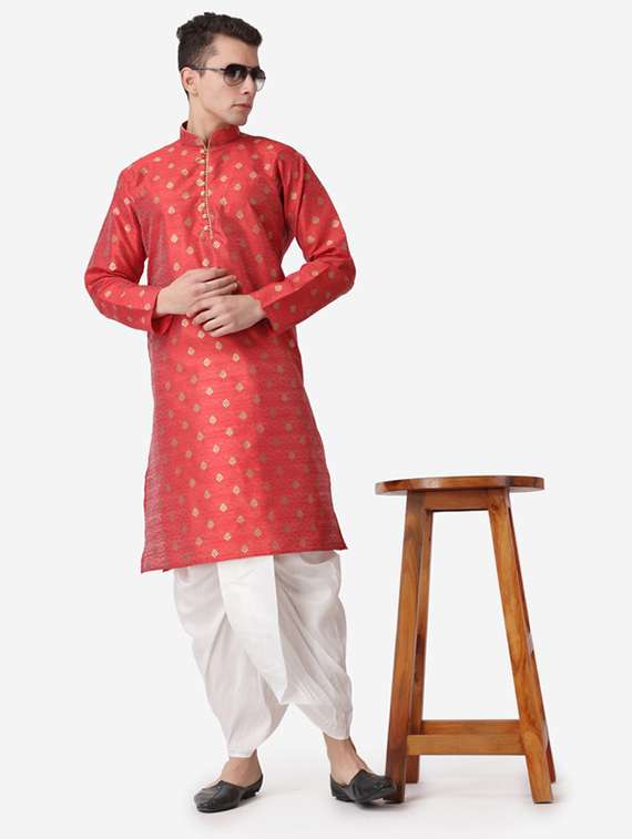 men self design mandarin neck dhoti kurta ethnic wear set