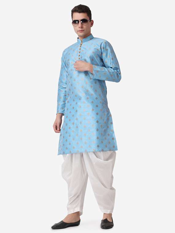 men self design mandarin neck dhoti kurta ethnic wear set
