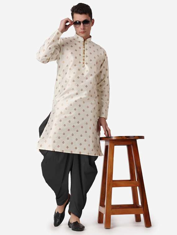 men self design mandarin neck dhoti kurta ethnic wear set