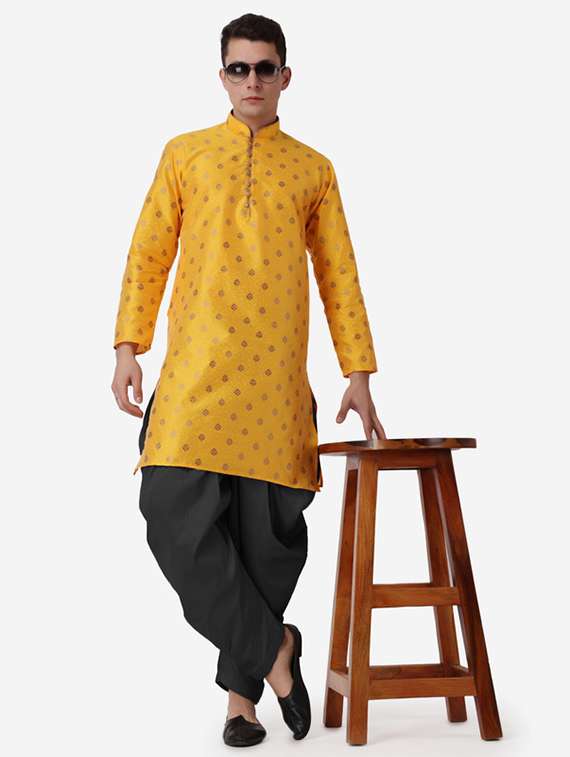 men self design mandarin neck dhoti kurta ethnic wear set