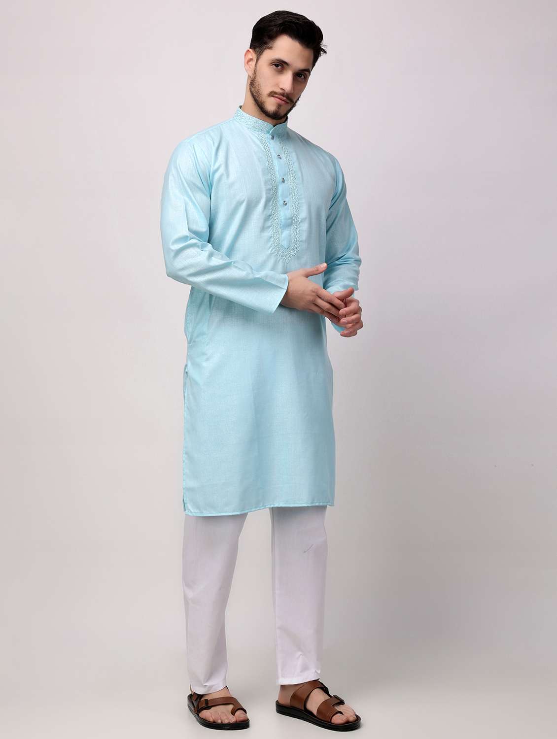 men solid mandarin neck kurta pyjama ethnic wear set - 22026705 - Standard Image - 2