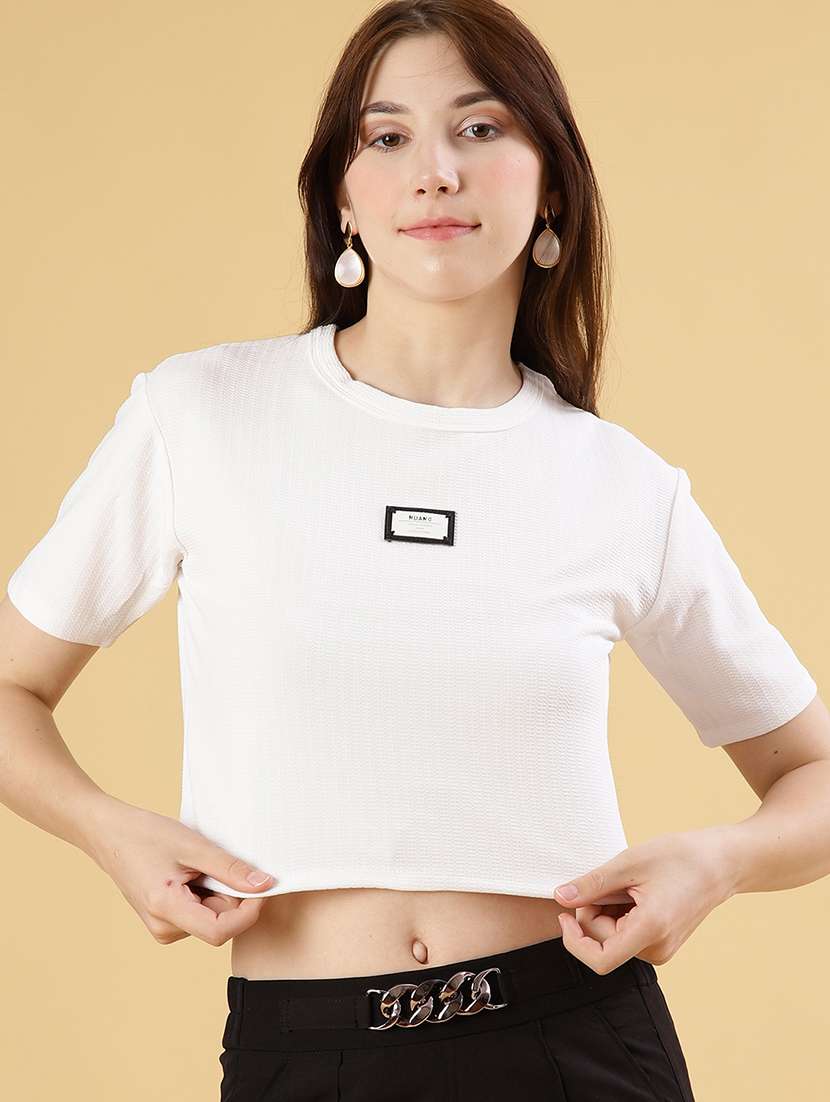 women solid short sleeve regular fit crop t-shirt