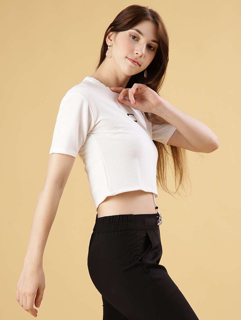 women solid short sleeve regular fit crop t-shirt - 22027030 -  Standard Image - 2