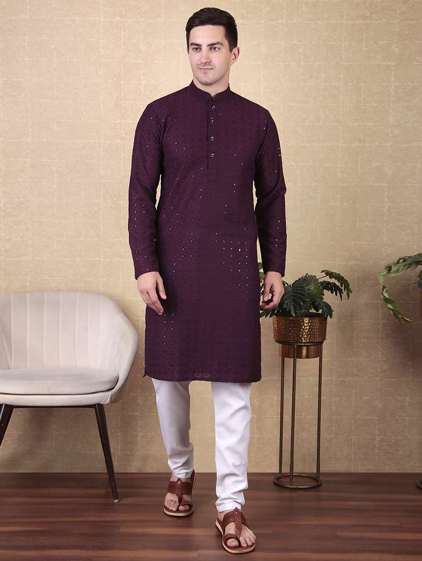 men solid with work mandarin neck long kurta