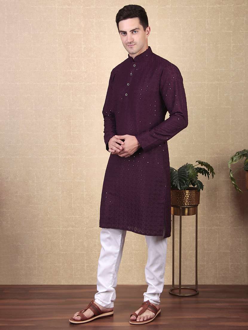 men solid with work mandarin neck long kurta - 22027134 - Standard Image - 2