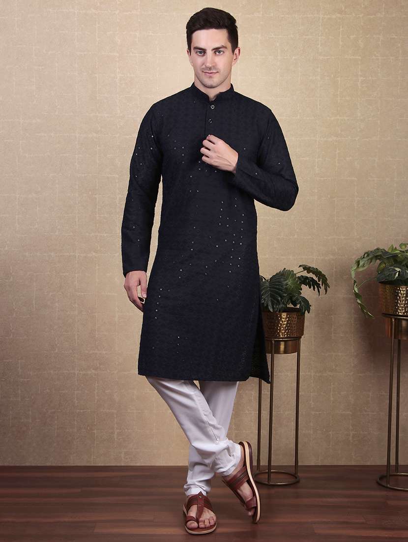 men solid with work mandarin neck long kurta - 22027135 -  Standard Image - 2