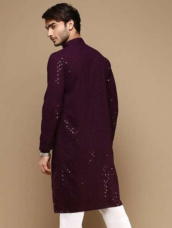 men solid with work mandarin neck long kurta - 22027136 - Standard Image - 2