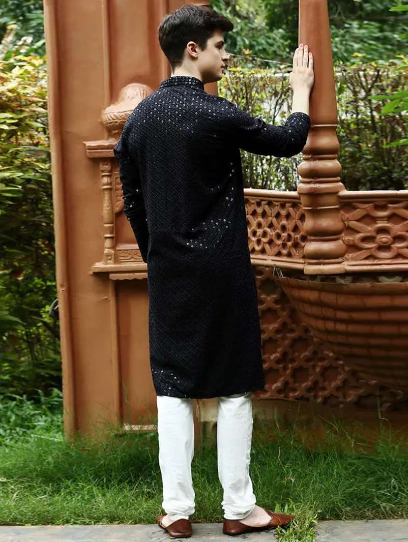 men solid with work mandarin neck long kurta - 22027137 - Standard Image - 2