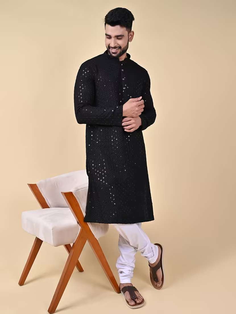 men solid with work mandarin neck long kurta