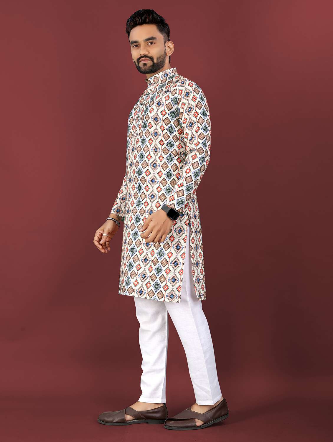 men printed mandarin neck long kurta - 22027139 -  Standard Image - 2