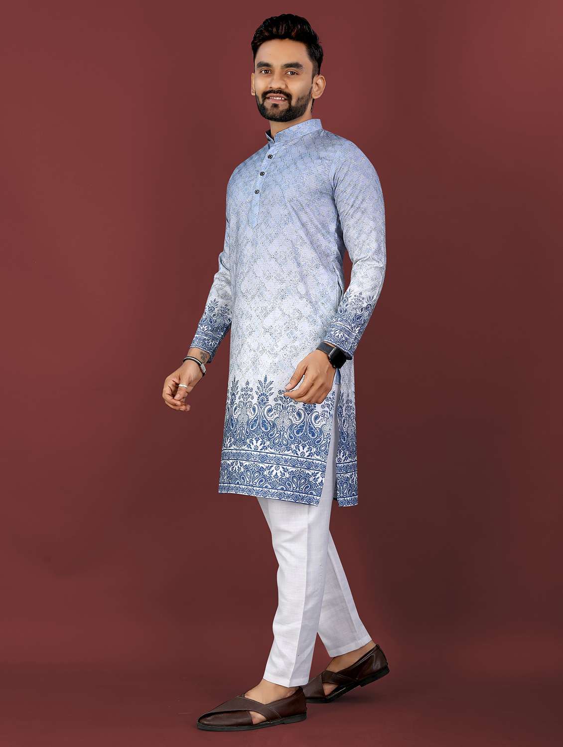 men printed mandarin neck long kurta - 22027141 - Standard Image - 2