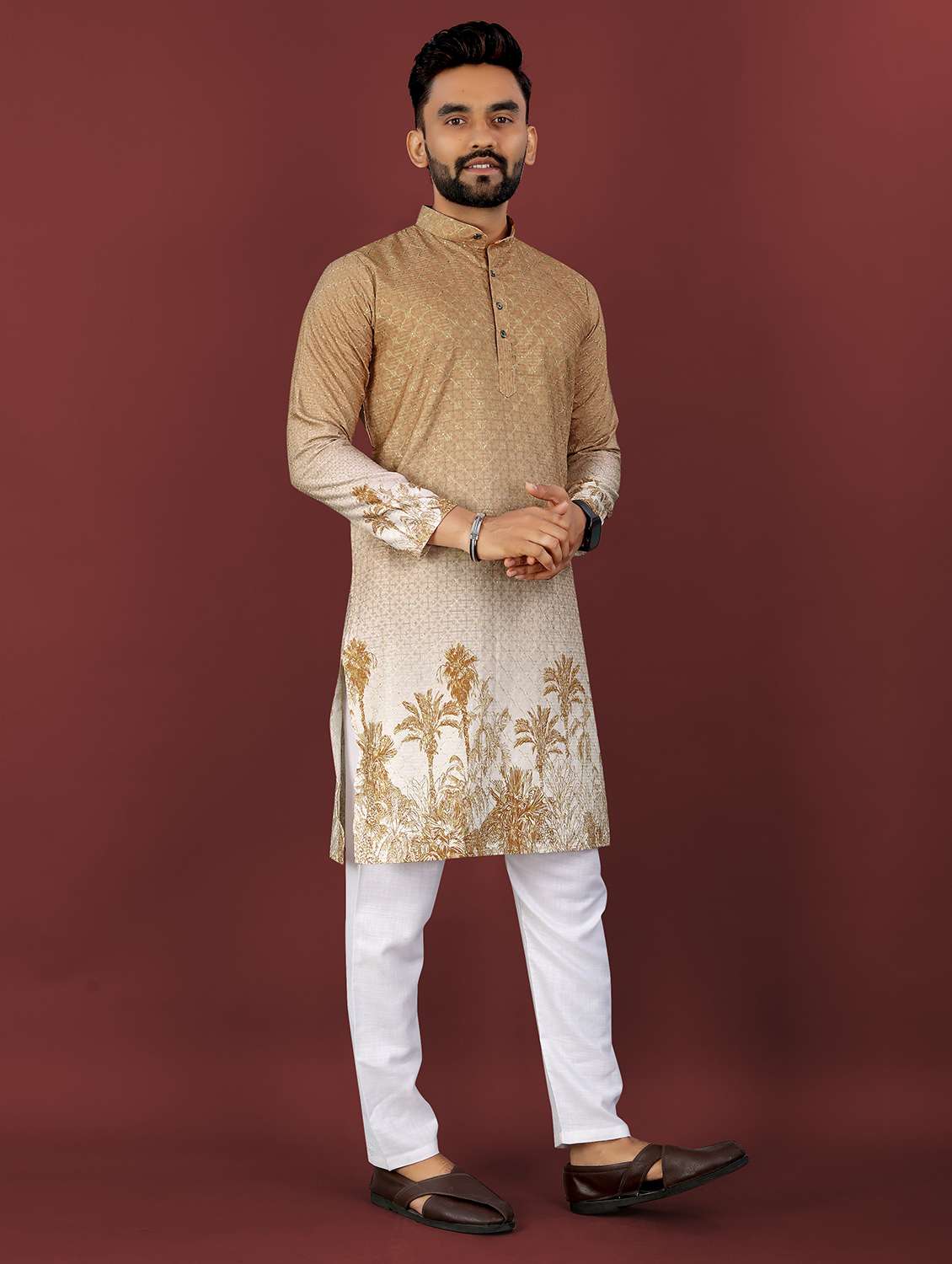 men printed mandarin neck long kurta - 22027142 - Standard Image - 2