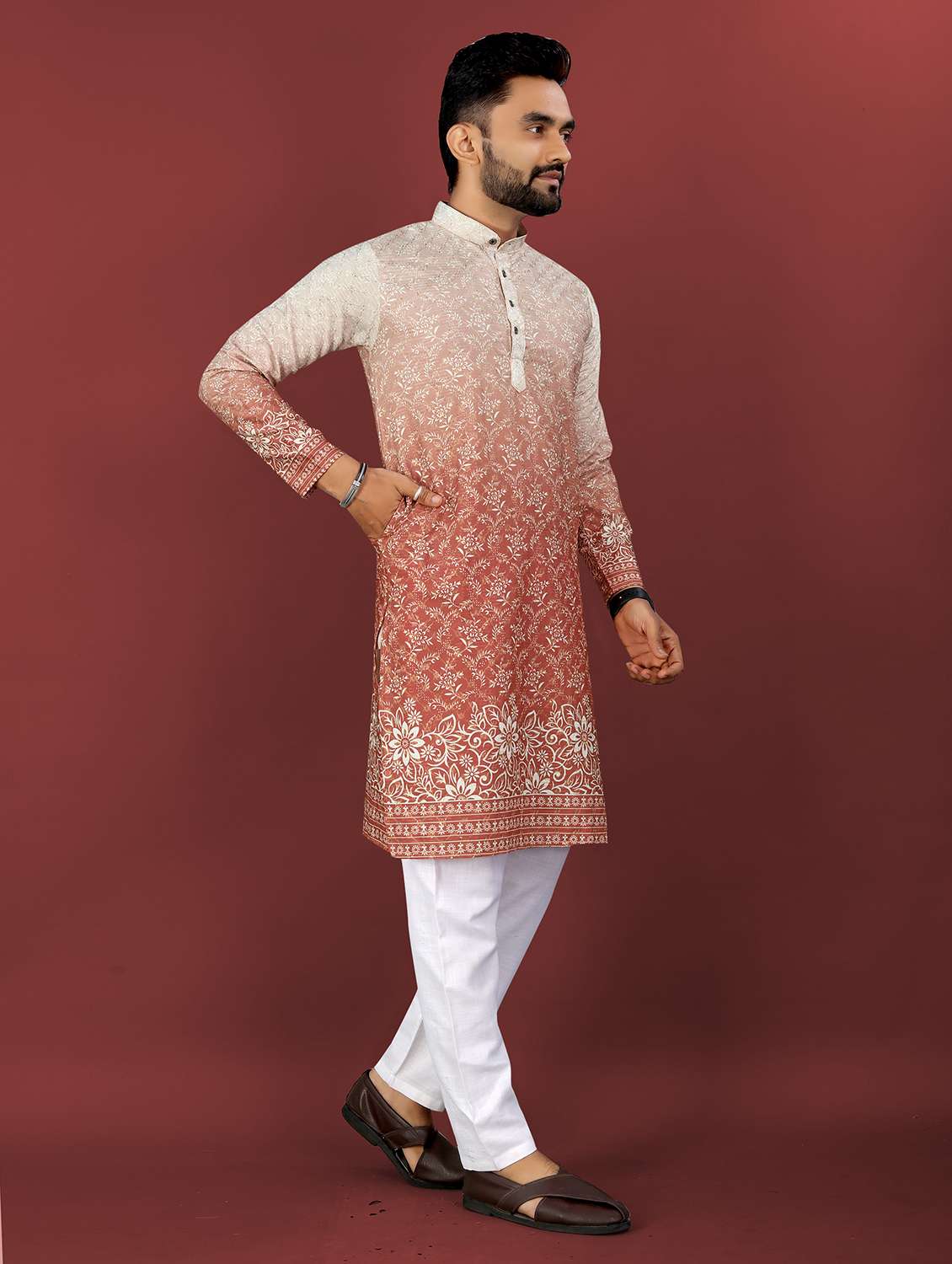 men printed mandarin neck long kurta - 22027143 - Standard Image - 2