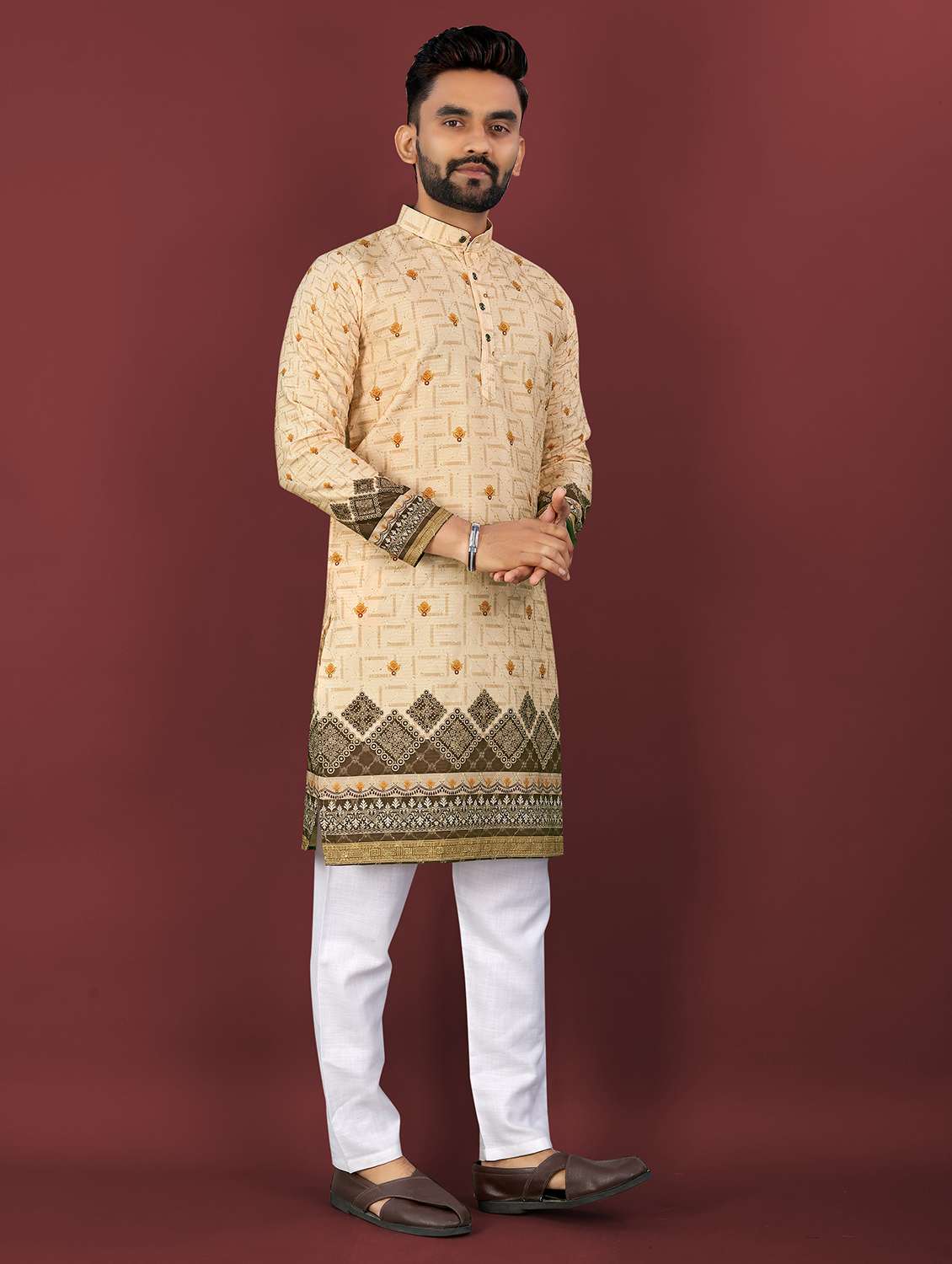 men printed mandarin neck long kurta - 22027144 - Standard Image - 2