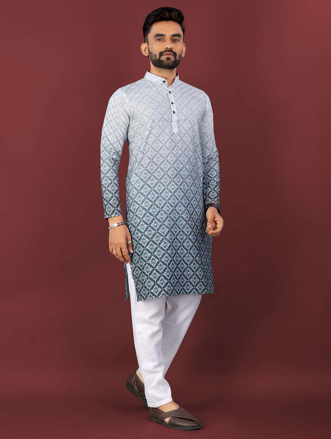 men ombre printed mandarin neck long kurta - 22027145 - Standard Image - 2