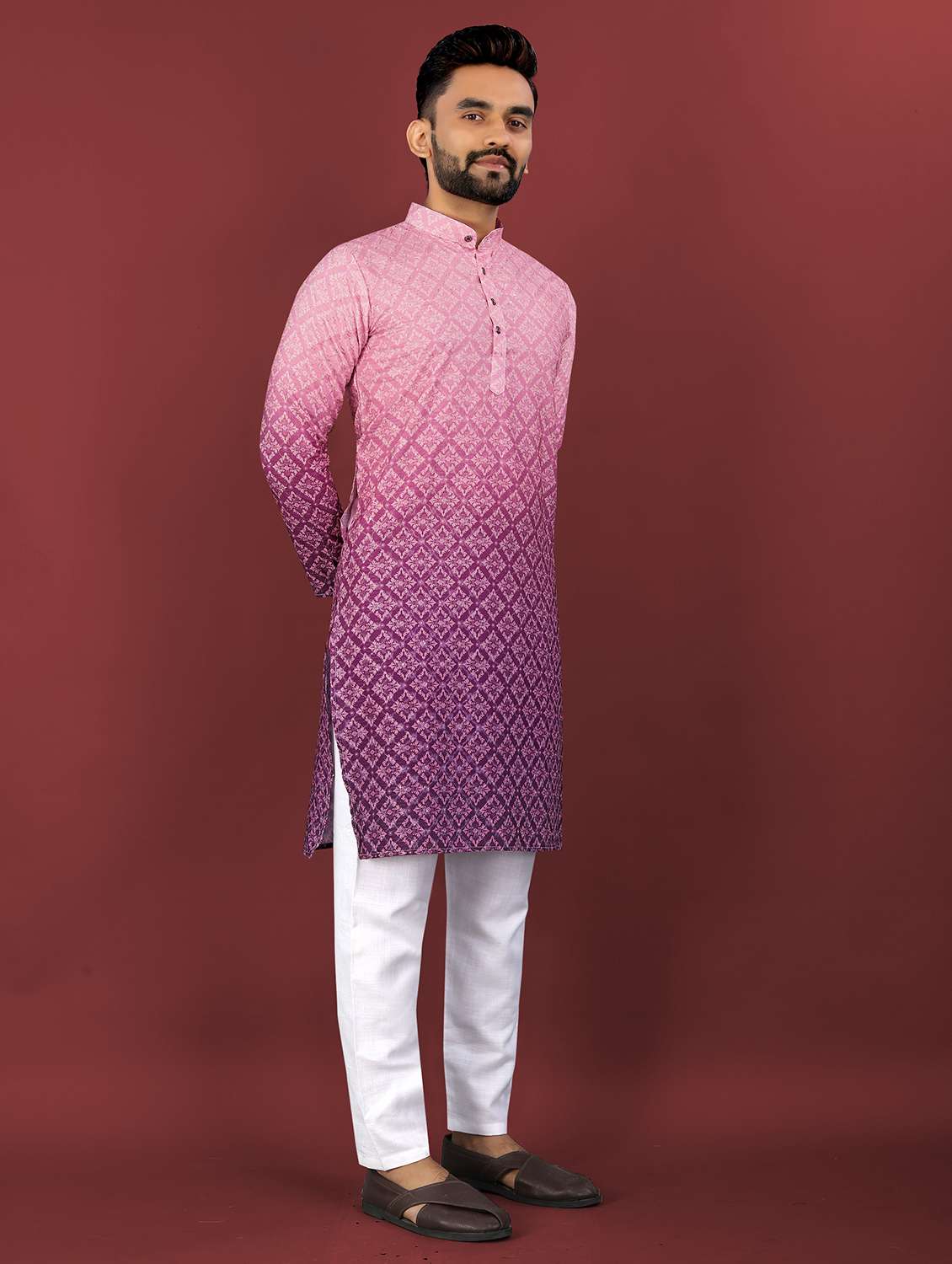 men ombre printed mandarin neck long kurta - 22027146 -  Standard Image - 2