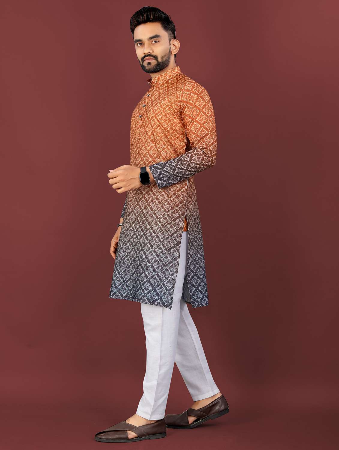 men ombre printed mandarin neck long kurta - 22027147 - Standard Image - 2