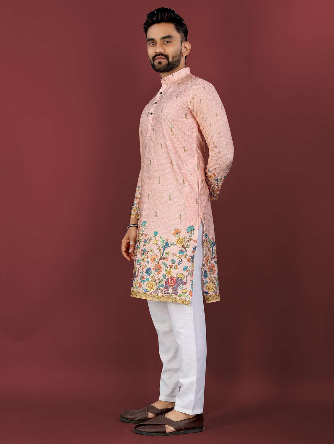 men printed mandarin neck long kurta - 22027149 - Standard Image - 2