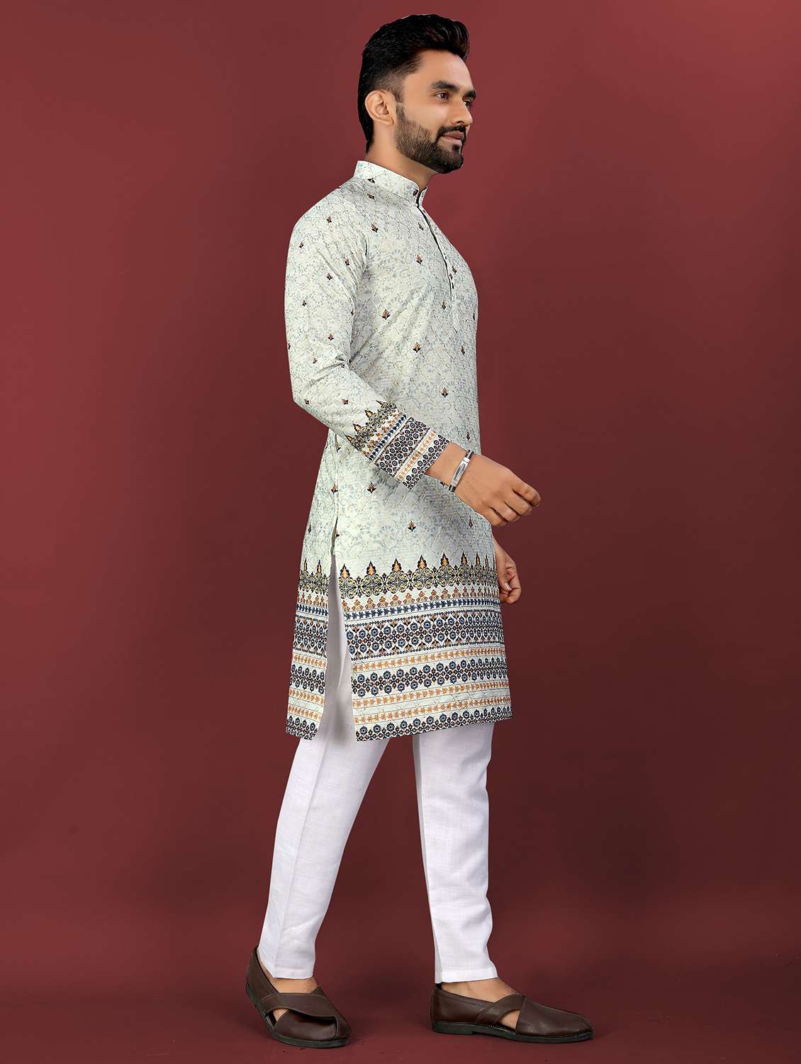 men printed mandarin neck long kurta - 22027151 - Standard Image - 2