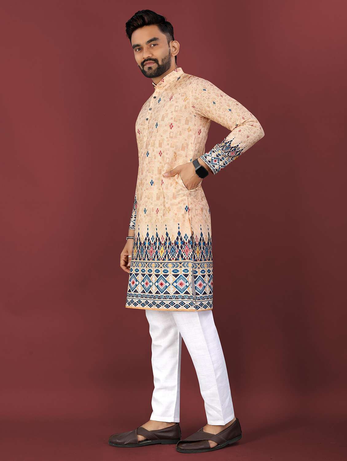 men printed mandarin neck long kurta - 22027152 - Standard Image - 2