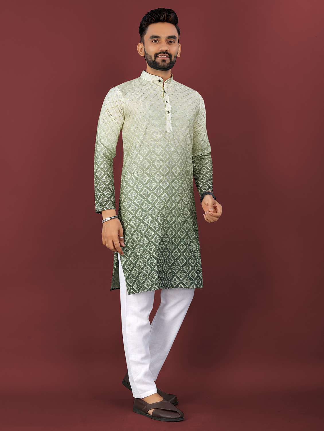 men ombre printed mandarin neck long kurta - 22027153 - Standard Image - 2