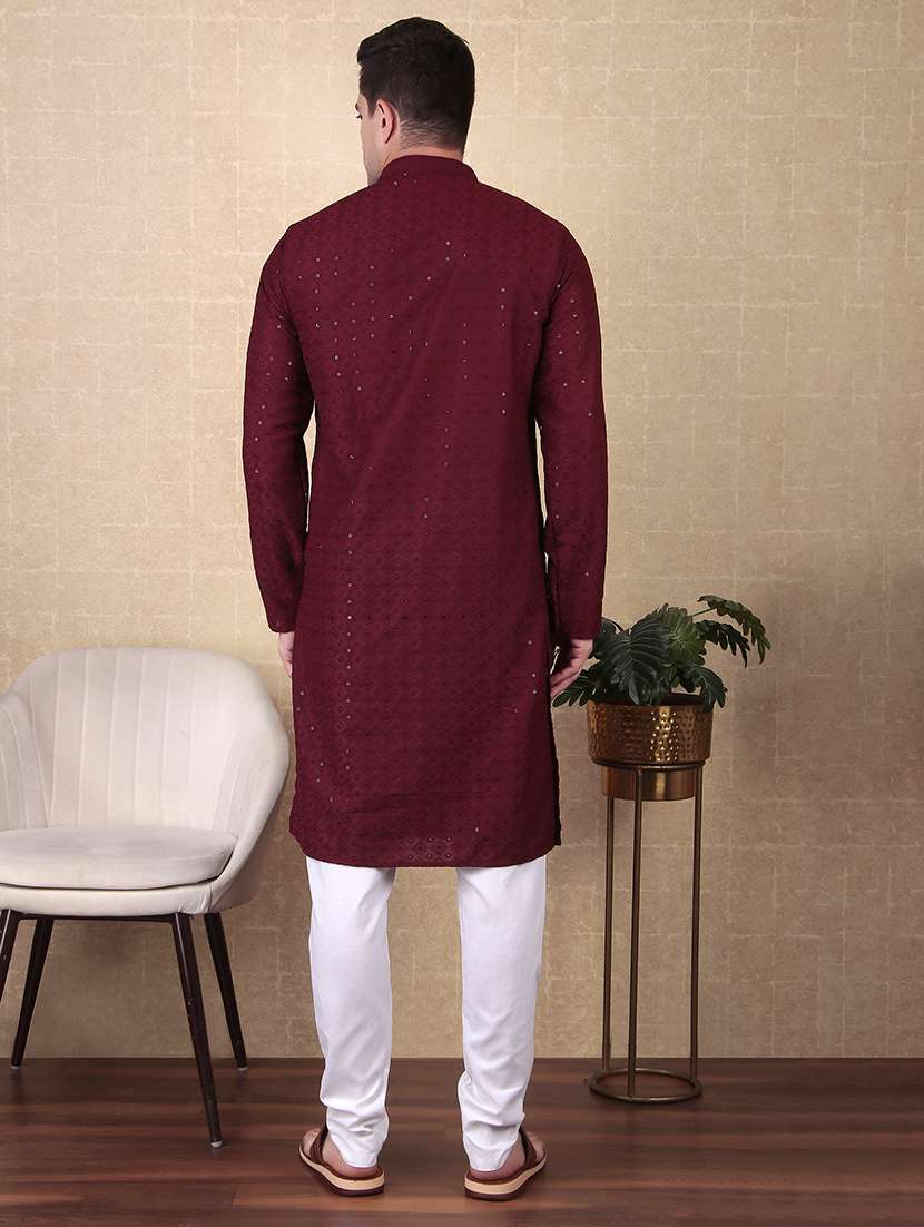 men solid with work mandarin neck long kurta - 22027154 - Standard Image - 2