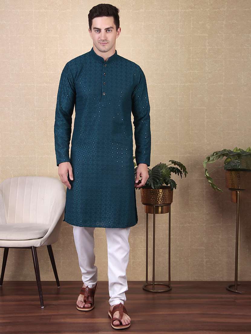 men solid with work mandarin neck long kurta