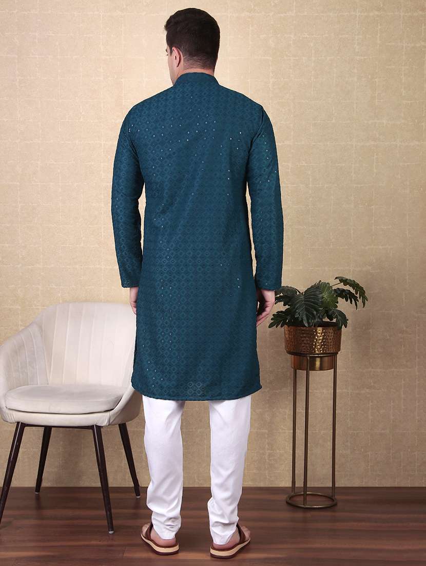 men solid with work mandarin neck long kurta - 22027155 - Standard Image - 2