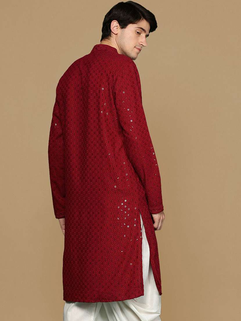men solid with work mandarin neck long kurta - 22027156 - Standard Image - 2