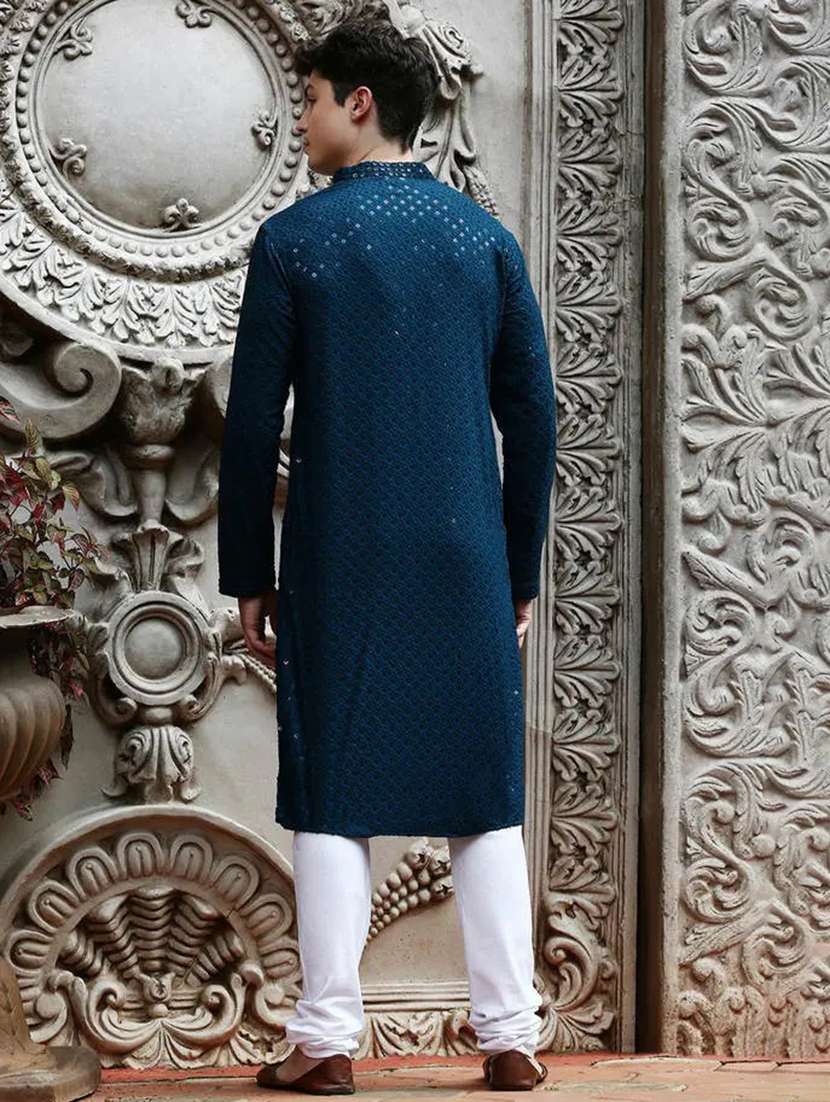 men solid with work mandarin neck long kurta - 22027157 - Standard Image - 2