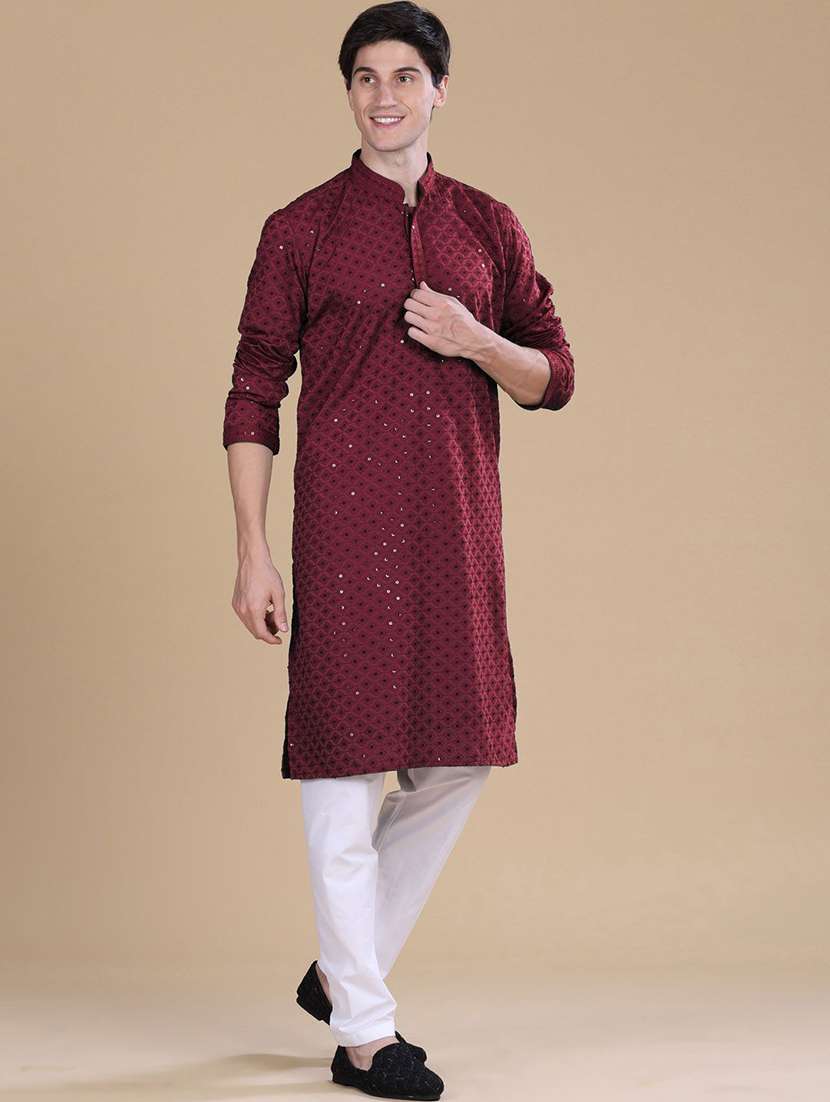 men solid with work mandarin neck long kurta - 22027158 - Standard Image - 2