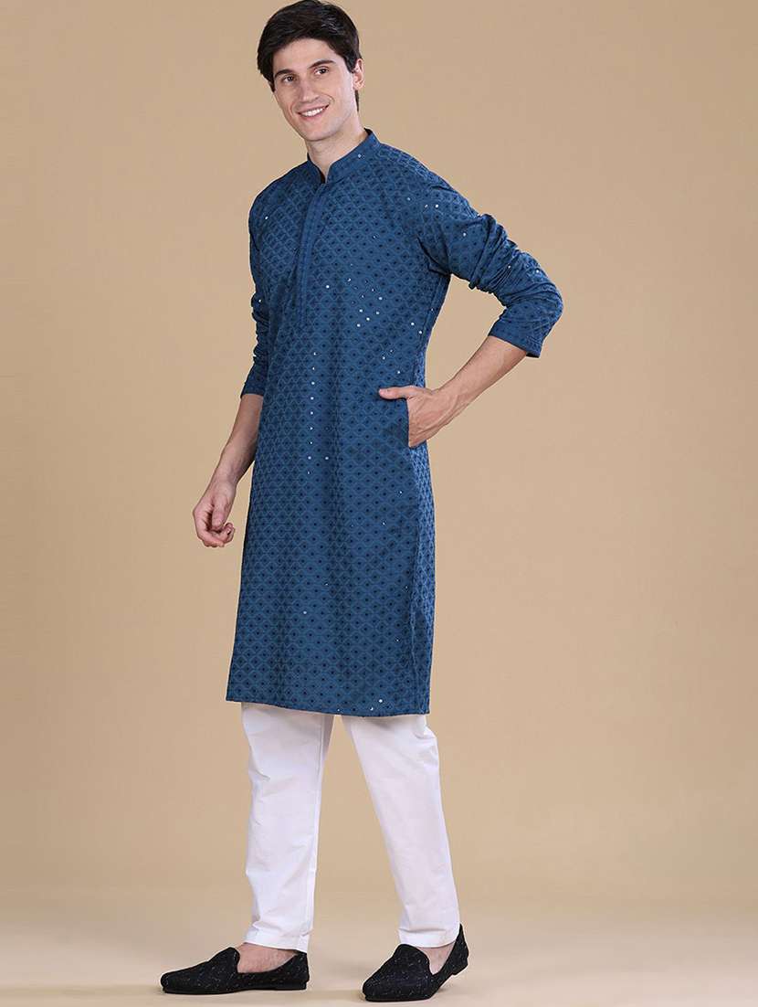men solid with work mandarin neck long kurta - 22027159 - Standard Image - 2