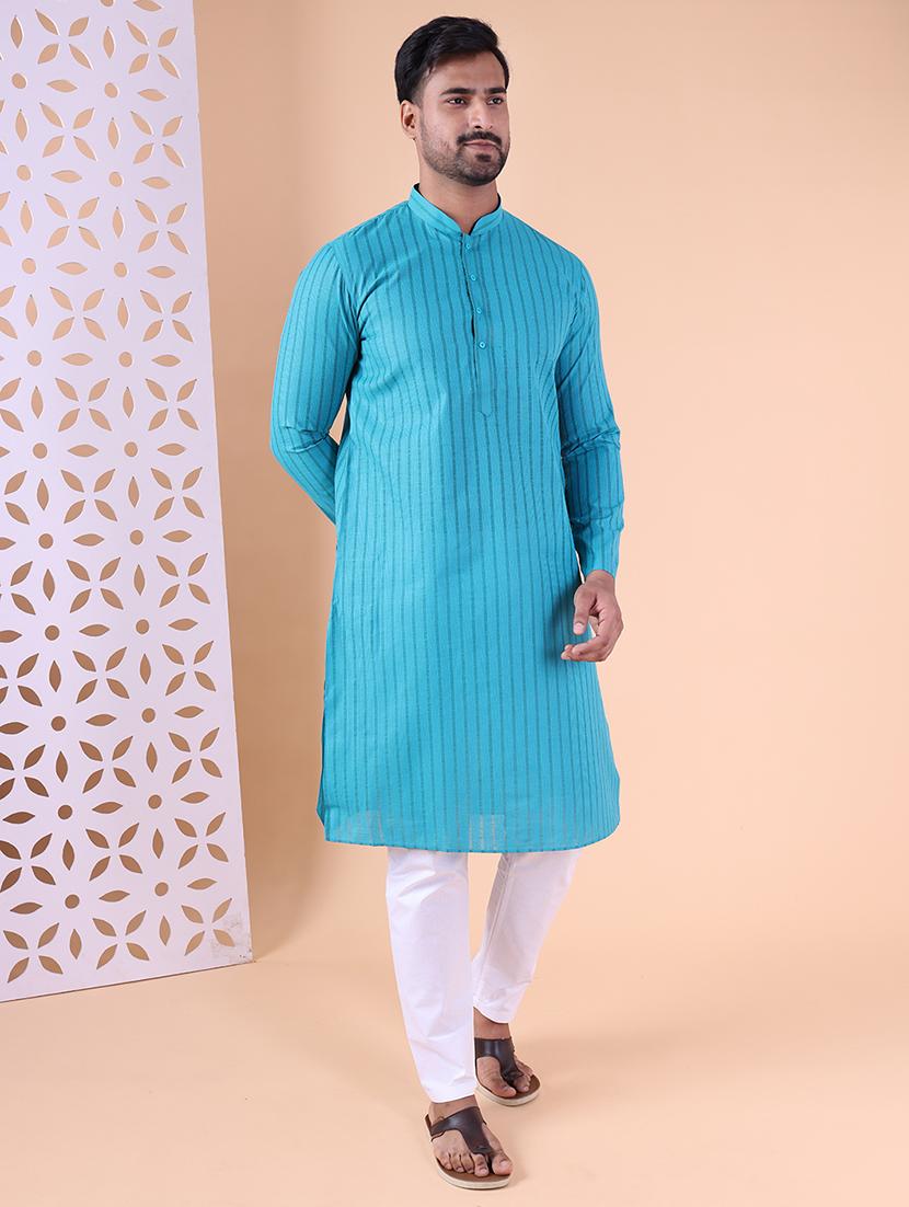 men striped mandarin neck kurta pyjama ethnic wear set - 22027374 - Standard Image - 2