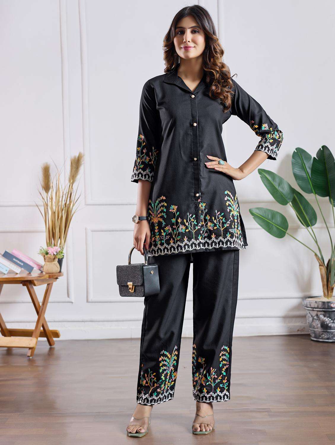 women embroidered three quarter sleeve ethnic co-ord set - 22027379 -  Standard Image - 2