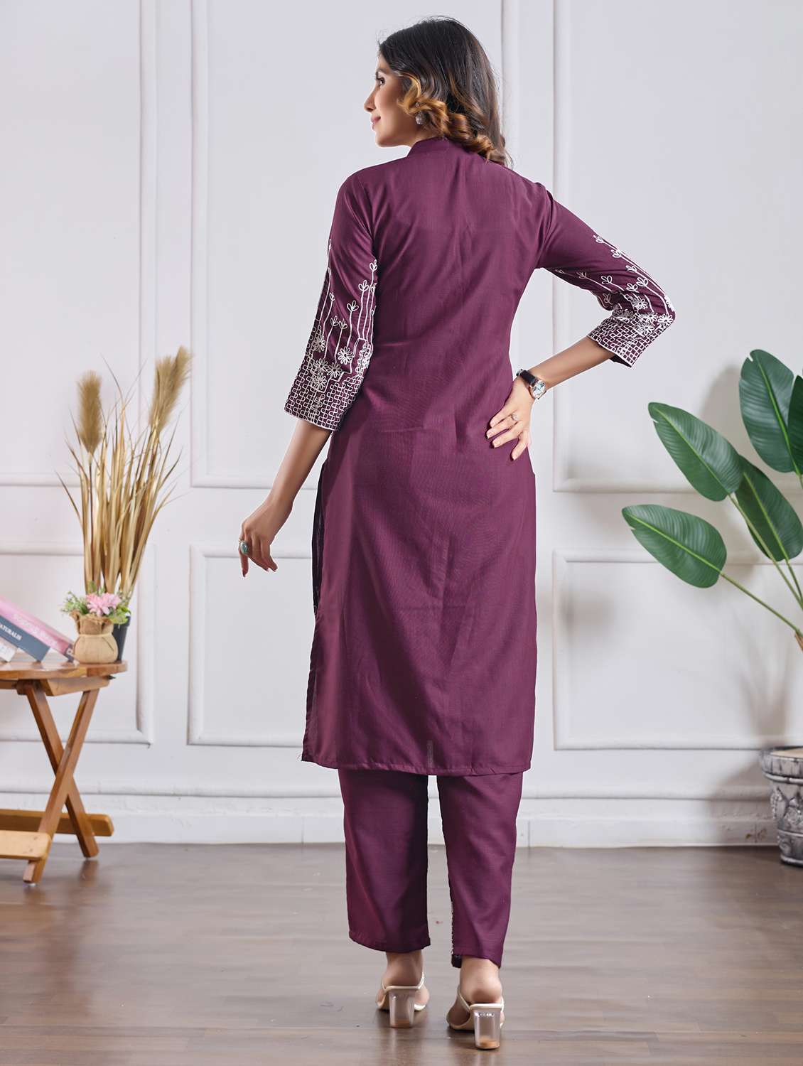 women embroidered three quarter sleeve kurta pant set - 22027380 - Standard Image - 2